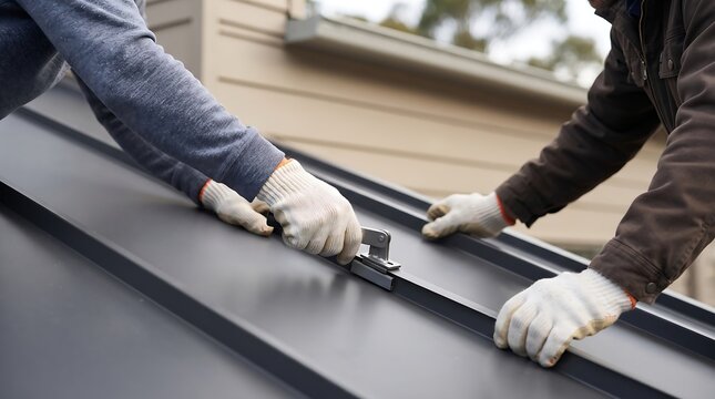 Two roofers using seaming tool on metal standing seam roof