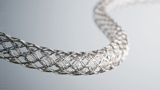 A detailed close up view of a flexible medical stent made of thin metal wires curving across a clean and bright studio background