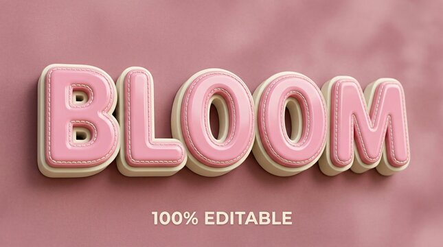 Bloom 3D text effect with pink bubble letters, editable puffy font style, soft pastel typography for spring branding and social media