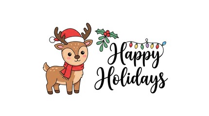 Fototapeta premium Cute cartoon Christmas reindeer with Happy Holidays text