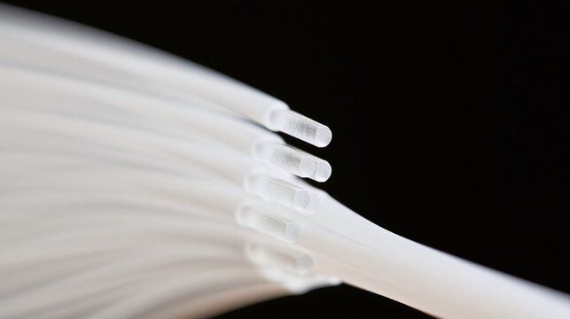 A close up view of white plastic fiber optic cables arranged together showing the ends of the strands against a dark black background
