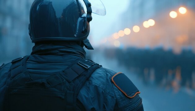 Unrest police officer in tactical gear viewed from behind facing a blurred line of distant figures under streetlights
