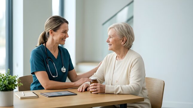 Compassionate nurse assisting an elderly patient during a medical visit, emphasizing senior healthcare, kindness, personalized treatment, comfort, trust, and quality clinical support.
