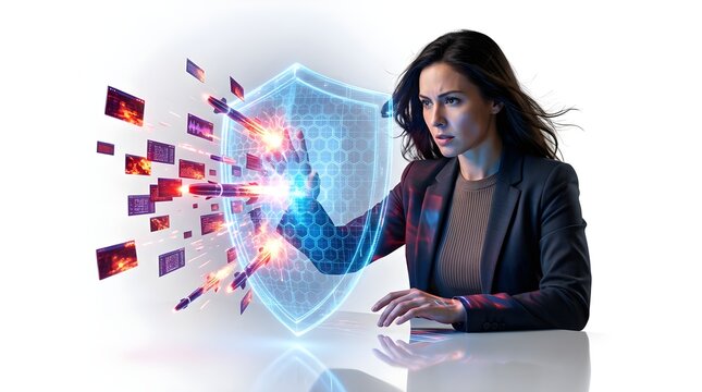 Woman holding a digital shield to protect against cyber threats, symbolizing cybersecurity, online safety, digital protection, data security, privacy, technology and secure networks.
