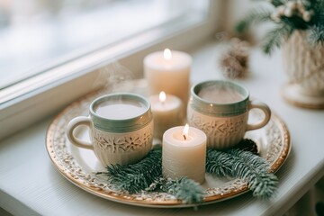 Fototapeta premium Small apartment kitchen nook with hot chocolate setup and candles alongside a cream, pine green and soft gold palette.