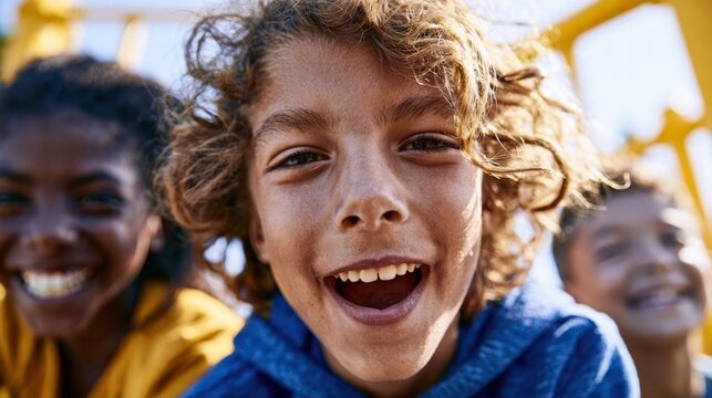 Three happy children smiling outdoors in sunny weather