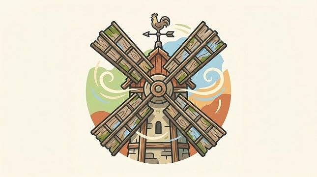 Rustic wooden windmill icon with rolling hills and wind swirls