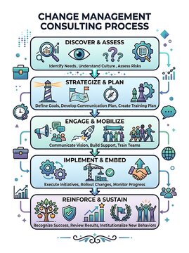 Change management consulting process infographic with icons