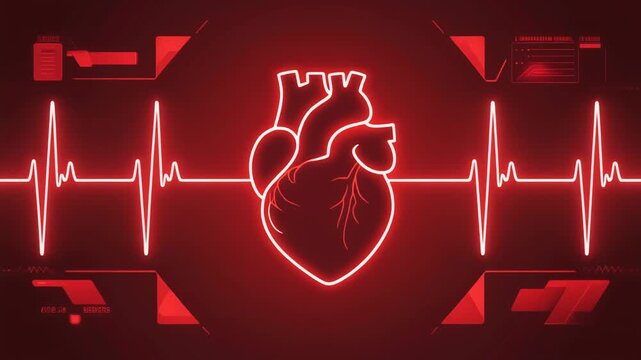 A glowing anatomical heart illustration with heartbeat line representing cardiovascular health, medical care, cardiology, wellness, emergency response, and diagnostics.


