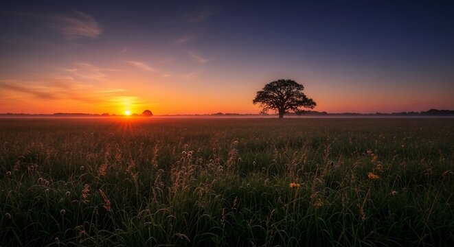 Sunset over field and tree