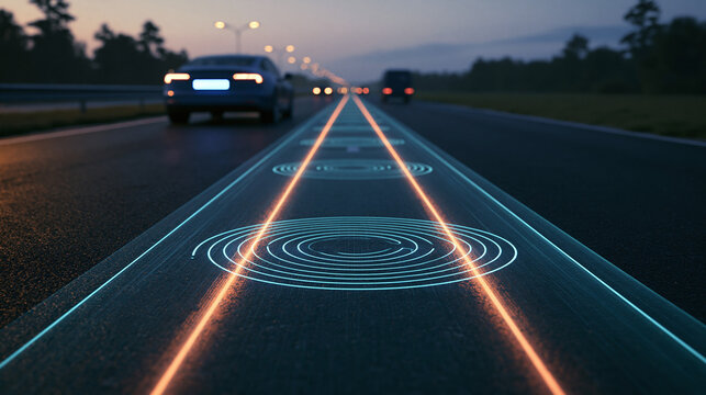 A modern electric vehicle driving on a smart highway with inductive charging lanes that transfer energy wirelessly to the car while it moves along the road at night