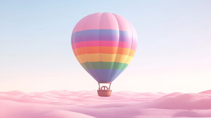 Fototapeta premium Rainbow-Striped Hot Air Balloon Floating Above Soft Pink Clouds Dreamy Journey and Hopeful Exploration Concept