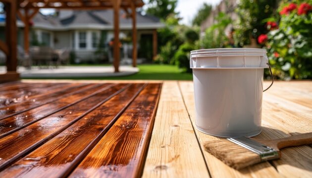 Wood deck with paint can and brush for outdoor staining project
