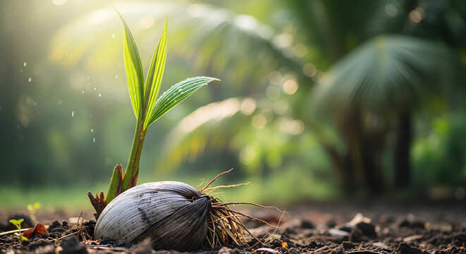 Young coconut sprout growing in tropical garden sunlight