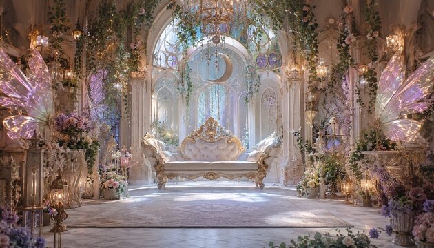 Enchanted floral palace interior with elegant sofa and fairy wings