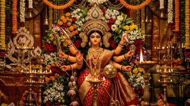 Detailed Goddess Durga idol adorned with jewelry and flowers.