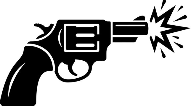 Black silhouette of a revolver pistol firing a shot.