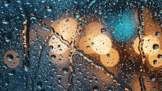 Rain Drops Sliding Down a Window Pane at Night with Blurry City Lights Creating a Serene Atmosphere for Background Use