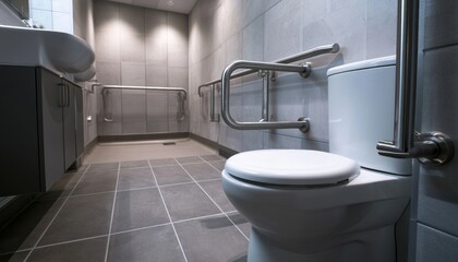 Fototapeta premium Accessible bathroom with white toilet and stainless steel grab bars