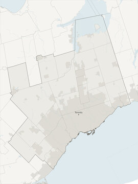 Toronto metropolitan area vector map with census subdivision boundaries, urban footprint and hydrography, Ontario, Canada