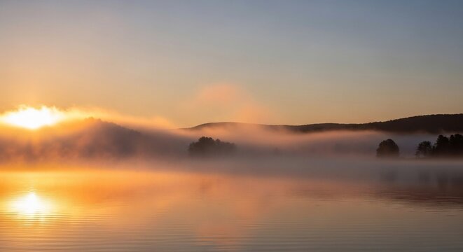 Sunrise over lake with fog