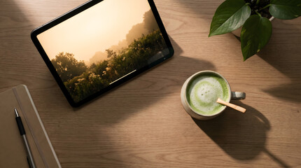 Naklejka premium Modern workspace with tablet, matcha green tea, and plant on wooden table in warm morning sunlight