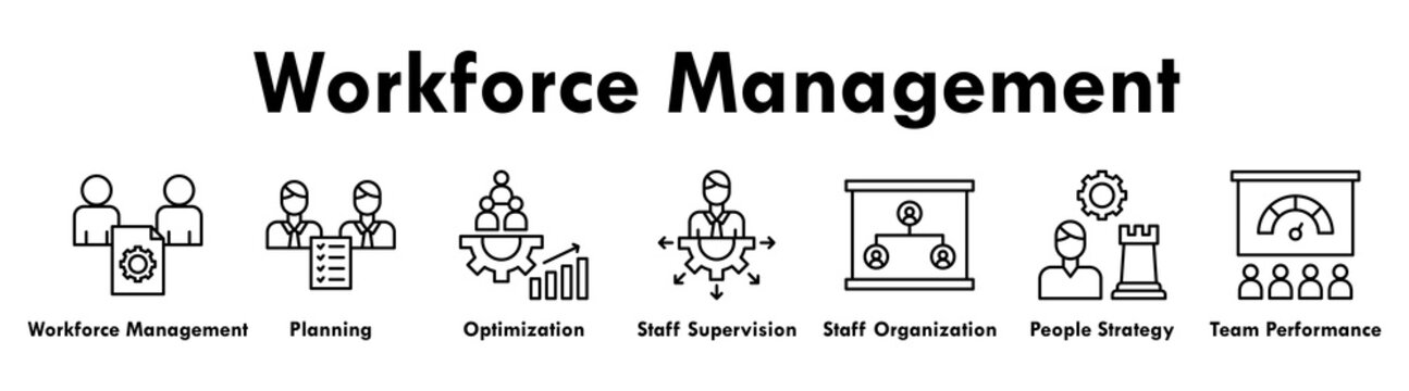 Workforce Management banner web icon illustration concept with icon of workforce management, planning, optimization, staff supervision, staff organization, people strategy, and team performance