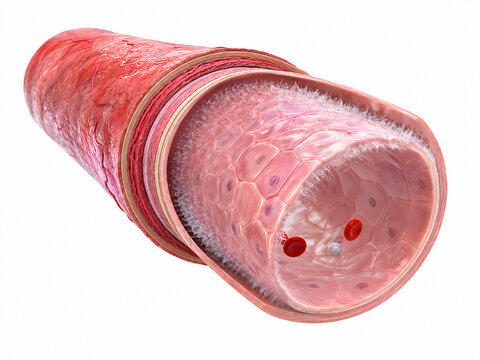 Anatomical cross section of an artery lined with endothelial glycocalyx matrix and circulating blood cells