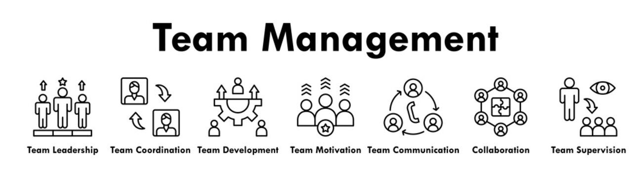 Team Management banner web icon illustration concept with icon of leadership, coordination, development, motivation, communication, collaboration, and supervision