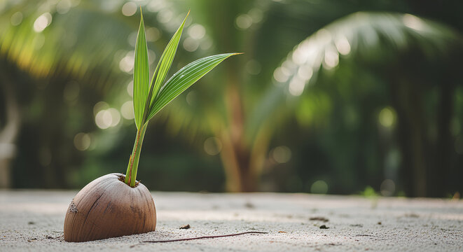 Young coconut palm sapling growing from nut on tropical sand