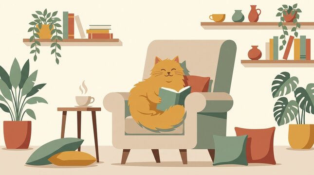 cute orange cat reading a book in a cozy armchair illustration