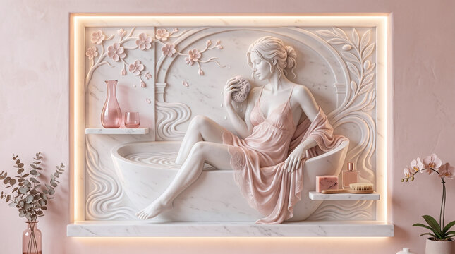 modern refined bas-relief sculpture in marble of woman bathing in tub with border
