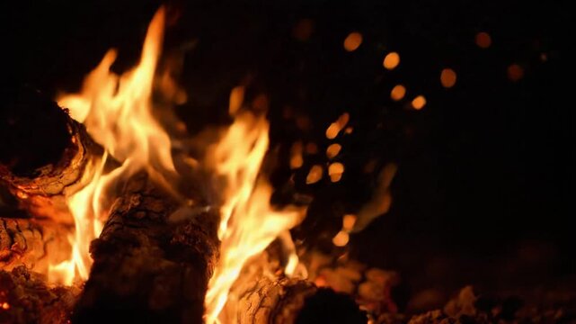 Crackling Bonfire with Flickering Flames and Rising Sparks Creating a Warm Ambient Glow in a Dark Setting