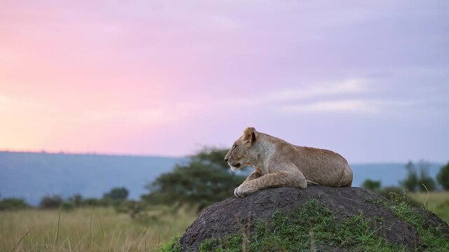 Lioness Resting on Kopje at Sunrise: A lone lioness, majestic and poised, rests atop a weathered kopje, surveying her domain as the soft hues of dawn paint the vast savanna landscape.