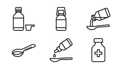 Fototapeta premium Medical syrup bottle and measuring spoon collection for pharmaceutical dosing icons with medicine measurement pharmacy treatment healthcare clinical pharmacist prescription pharmaceutical