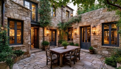 Fototapeta premium Rustic stone house courtyard with wooden dining table set