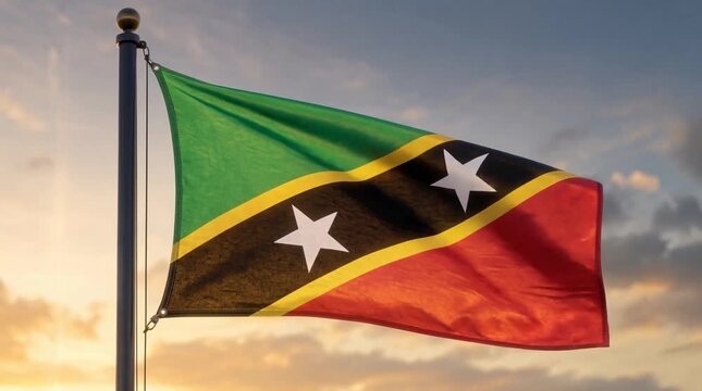 Saint Kitts and Nevis. - Nationalistic flag during sunset (cinematic)  