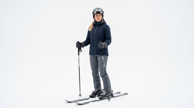 Woman skier in full gear standing on snow with ski poles and skis ready for winter sport activity