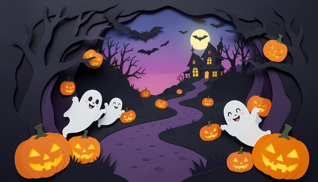 A whimsical Halloween night scene with smiling pumpkins, cute ghosts, haunted houses, and bats under a full moon, surrounded by autumn leaves.