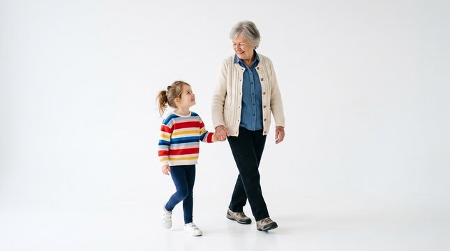 Grandmother and granddaughter holding hands and walking together smiling on a white background