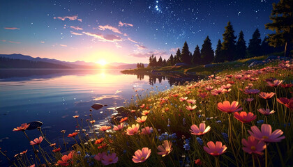 Sunset over lake and flowers