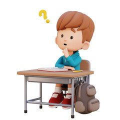 3D Cartoon Boy Thinking During Lesson Problem Solving Concept