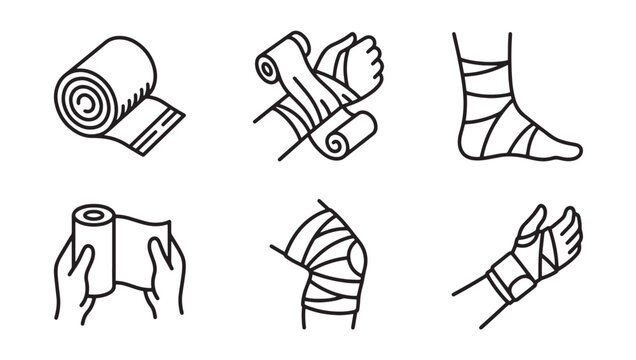 Orthopedic medical bandage applications and wrapping vector icons with wrapping orthopedic treatment dressing recovery rehabilitation hospital emergency protection physical supplies