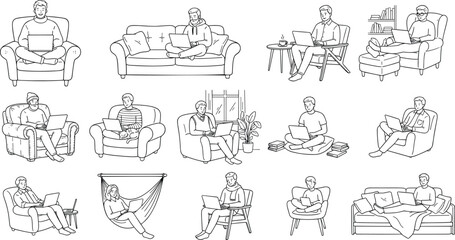 Fototapeta premium People working on laptops in cozy home settings line art vector icon set containing sitting on armchairs, sofas, hammock, and floor cushions illustrations.