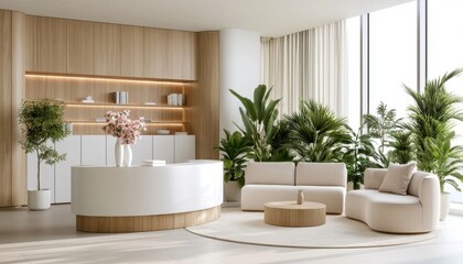 Fototapeta premium Bright reception and lounge area with white curved desk and beige sofa seating