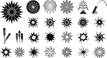 Set of black and white fireworks silhouettes, starbursts, explosions, and rocket icons for festive holiday celebration designs © Shilpi
