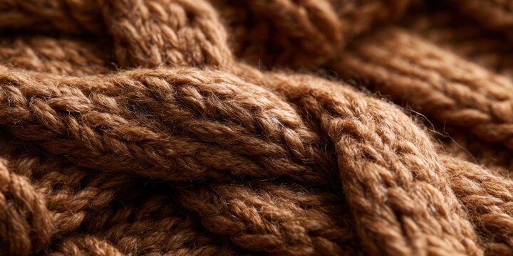 Extreme close-up view of thick brown cable knit fabric showing texture and interwoven yarns