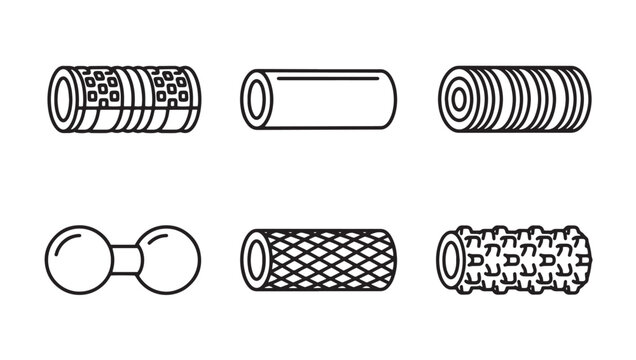 Collection of fitness foam rollers for muscle recovery and massage icon set with exercise recovery training wellness stretching physiotherapy equipment lifestyle rehabilitation myofascial