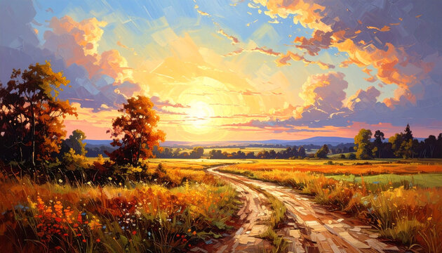 Sunset over rural landscape