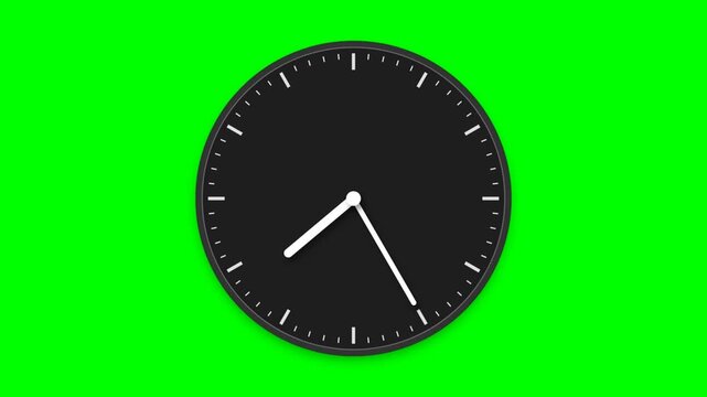 Minimalist black wall clock isolated on green screen